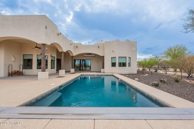 28423 N 139th St, Scottsdale, AZ 85262 - exterior space with a fenced in pool, fence, ceiling fan, and a patio area