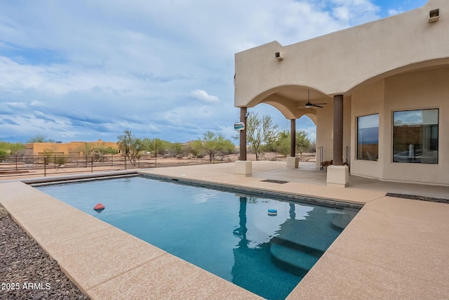 28423 N 139th St, Scottsdale, AZ 85262 - view of pool with fence, a fenced in pool, a patio, and a ceiling fan
