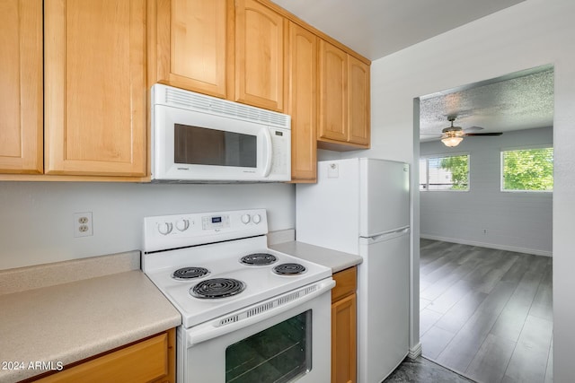 kitchen featuring ceiling fan, a textured ceiling, white appliances, wood finished floors, and light countertops