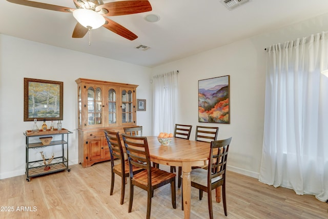 dining area featuring visible vents, baseboards, and light wood-style floors