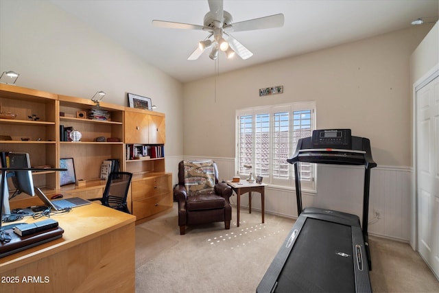 1922 E Everett Dr, Phoenix, AZ 85022 - office area featuring light colored carpet, a wainscoted wall, ceiling fan, and lofted ceiling
