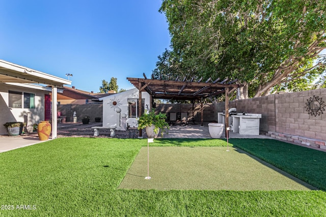 view of yard with a pergola and a patio area