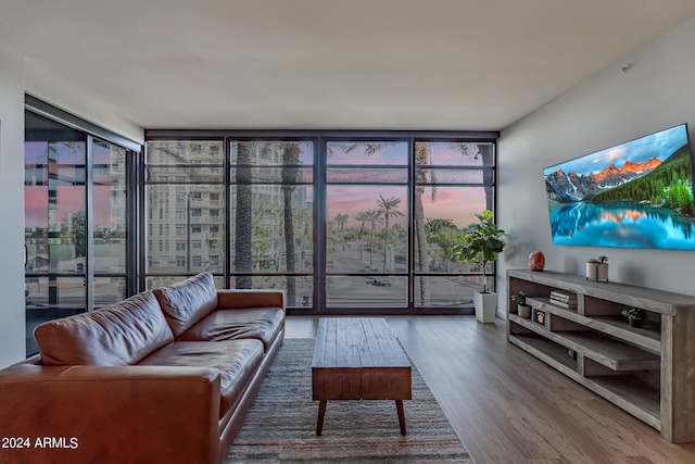 living room with hardwood / wood-style flooring, floor to ceiling windows, and a wealth of natural light