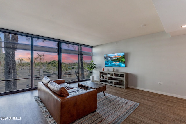 living room with floor to ceiling windows and dark hardwood / wood-style flooring