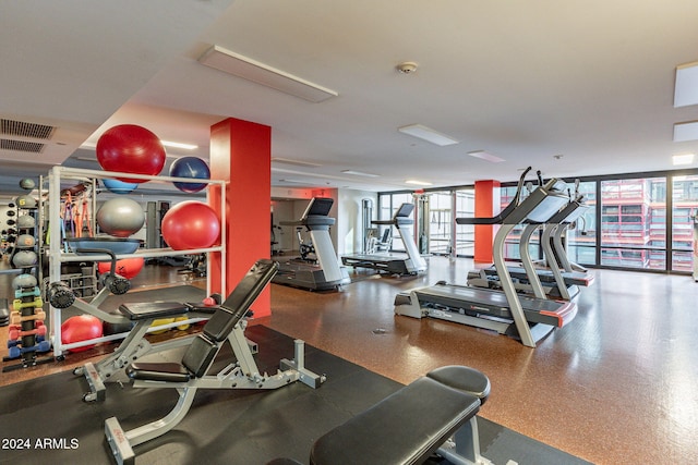 workout area featuring floor to ceiling windows