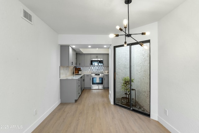 kitchen with gray cabinets, appliances with stainless steel finishes, sink, decorative backsplash, and light hardwood / wood-style flooring