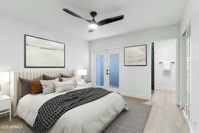 bedroom featuring ceiling fan, access to outside, and light wood-type flooring