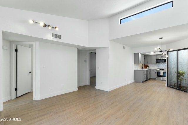 unfurnished living room with an inviting chandelier, sink, high vaulted ceiling, and light hardwood / wood-style flooring