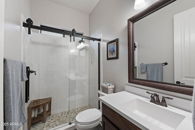 bathroom featuring toilet, a shower stall, and vanity