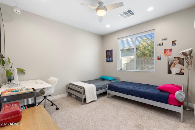 carpeted bedroom with ceiling fan, recessed lighting, visible vents, and baseboards