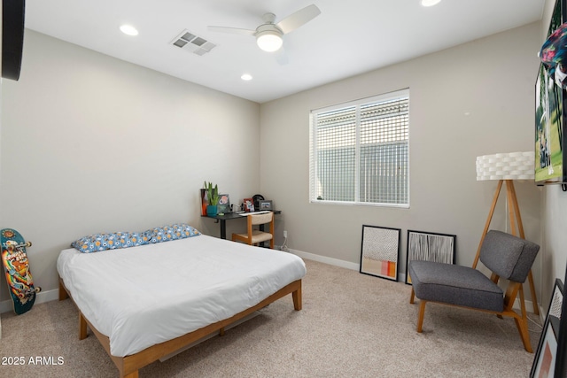 bedroom with recessed lighting, light colored carpet, visible vents, a ceiling fan, and baseboards