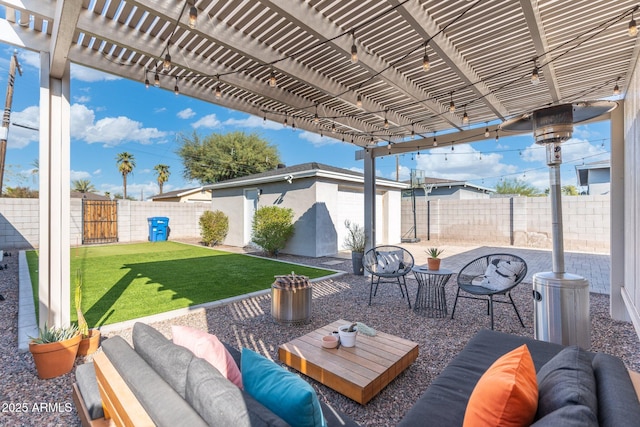 view of patio / terrace featuring a fenced backyard, outdoor lounge area, and a pergola