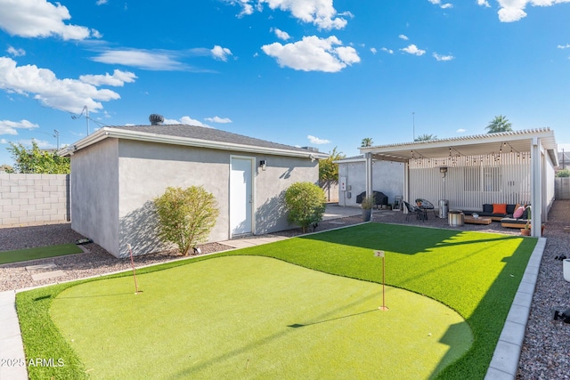 back of house featuring stucco siding, a patio area, fence, a pergola, and an outdoor living space