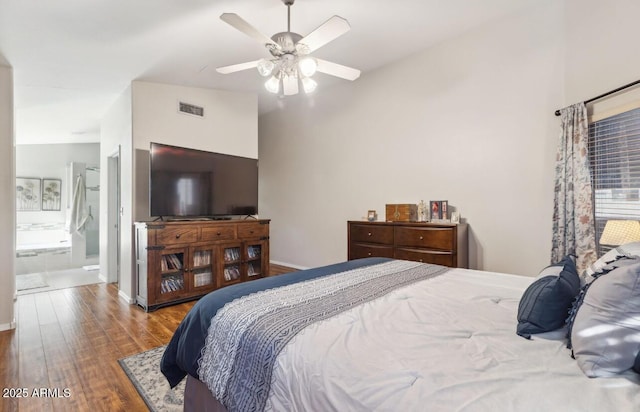 7457 W Crystal Rd, Glendale, AZ 85308 - bedroom featuring connected bathroom, wood finished floors, visible vents, baseboards, and ceiling fan