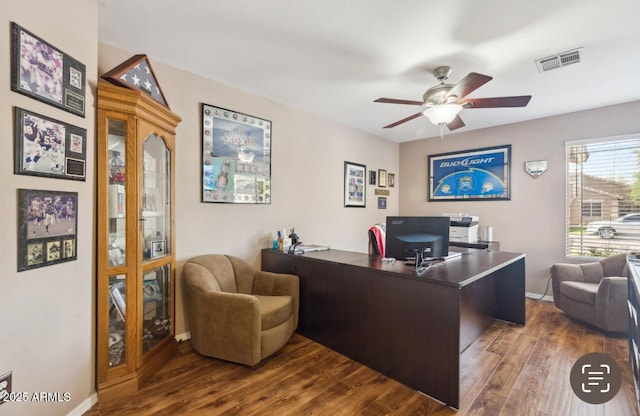 7457 W Crystal Rd, Glendale, AZ 85308 - home office featuring ceiling fan, baseboards, dark wood-type flooring, and visible vents