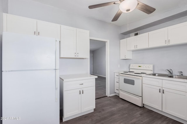 kitchen with white appliances, dark wood-type flooring, sink, ceiling fan, and white cabinetry