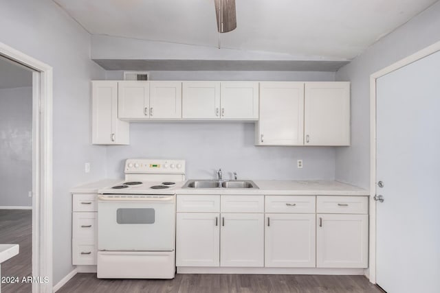 kitchen with vaulted ceiling, sink, wood-type flooring, white electric stove, and white cabinets