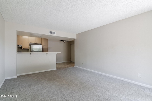 unfurnished living room with light colored carpet and a textured ceiling