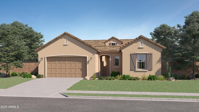 view of front of property featuring a garage and a front lawn