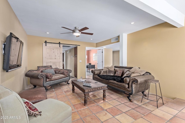 9012 S 47th Pl, Phoenix, AZ 85044 - living area with visible vents, recessed lighting, ceiling fan, and a barn door