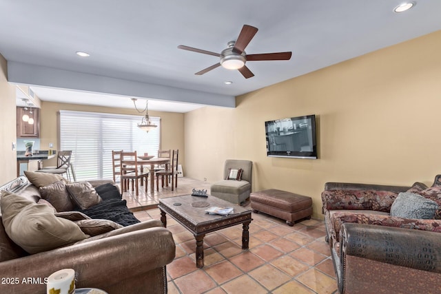 9012 S 47th Pl, Phoenix, AZ 85044 - living room featuring ceiling fan, light tile patterned flooring, and recessed lighting