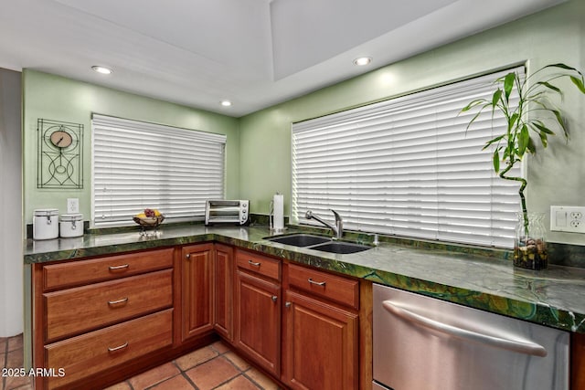 9012 S 47th Pl, Phoenix, AZ 85044 - kitchen featuring stainless steel dishwasher, a sink, dark countertops, recessed lighting, and light tile patterned floors