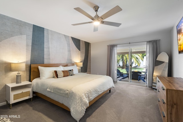 4904 E Tierra Buena Ln, Scottsdale, AZ 85254 - carpeted bedroom with access to exterior, ceiling fan, and an accent wall