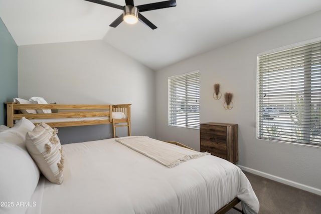 4904 E Tierra Buena Ln, Scottsdale, AZ 85254 - carpeted bedroom with baseboards, vaulted ceiling, and a ceiling fan