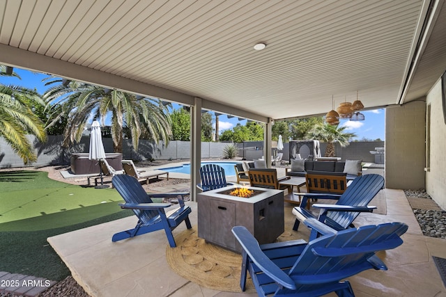 4904 E Tierra Buena Ln, Scottsdale, AZ 85254 - view of patio with an outdoor fire pit, a fenced backyard, and a fenced in pool