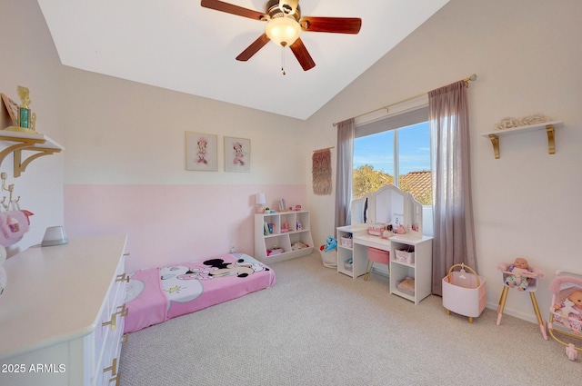 game room with light carpet, vaulted ceiling, and ceiling fan