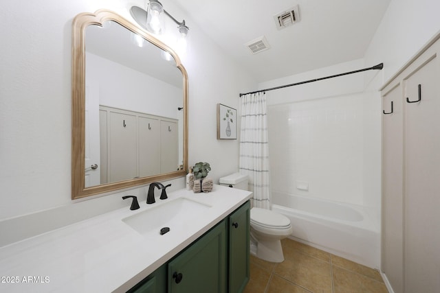 full bathroom with toilet, tile patterned flooring, vanity, and shower / bath combination with curtain