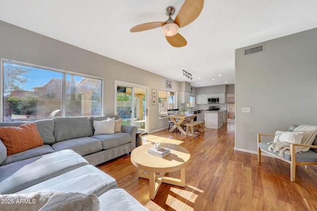 living room with ceiling fan and light hardwood / wood-style flooring