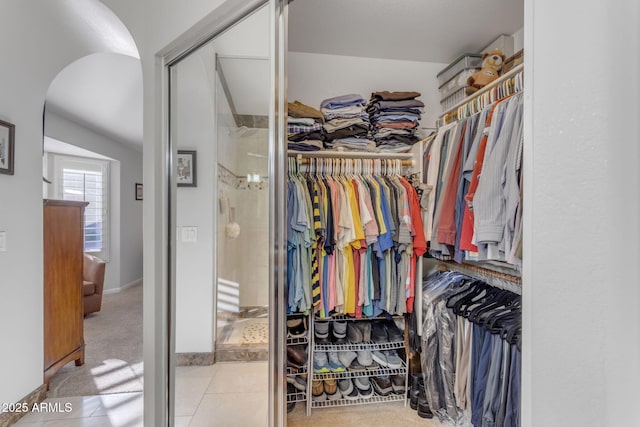 spacious closet featuring light colored carpet