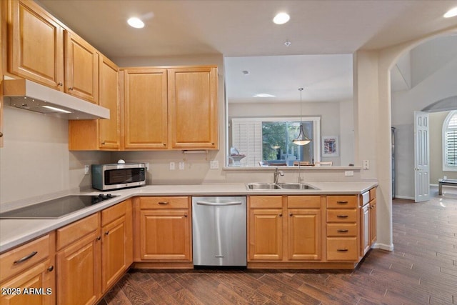 kitchen featuring appliances with stainless steel finishes, light brown cabinetry, pendant lighting, and sink