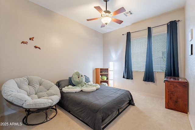 bedroom with baseboards, visible vents, a ceiling fan, vaulted ceiling, and carpet flooring