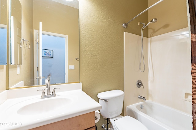 full bathroom featuring a textured wall, vanity, toilet, and shower / bath combo with shower curtain