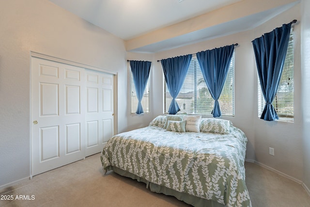 bedroom with carpet, multiple windows, and a closet