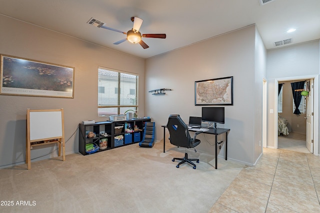 tiled office featuring recessed lighting, carpet flooring, visible vents, and a ceiling fan