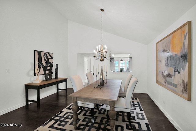 dining area with dark wood-type flooring, vaulted ceiling, and a notable chandelier