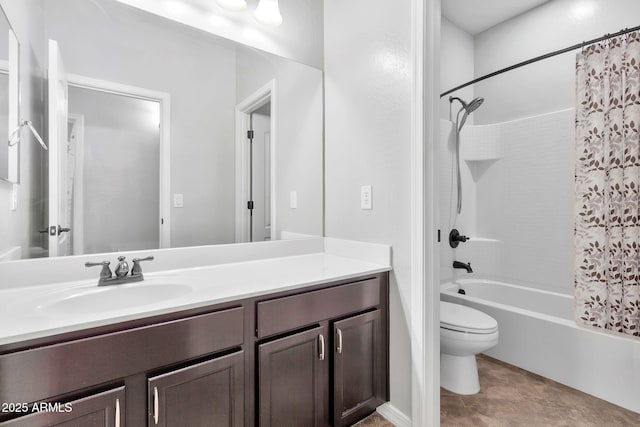 full bathroom with toilet, vanity, and shower / bathtub combination with curtain