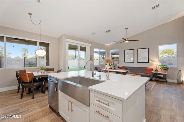 3604 E Derringer Way, Gilbert, AZ 85297 - kitchen featuring a sink, stainless steel dishwasher, light wood finished floors, ceiling fan, and vaulted ceiling