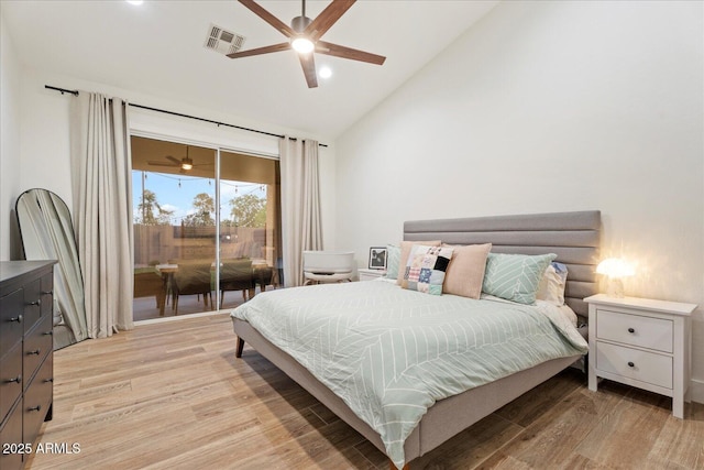 3604 E Derringer Way, Gilbert, AZ 85297 - bedroom with access to outside, light wood finished floors, high vaulted ceiling, and ceiling fan