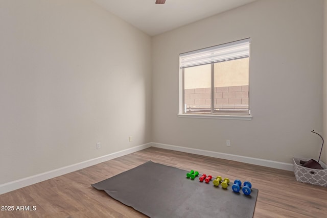 exercise area with wood-type flooring and ceiling fan