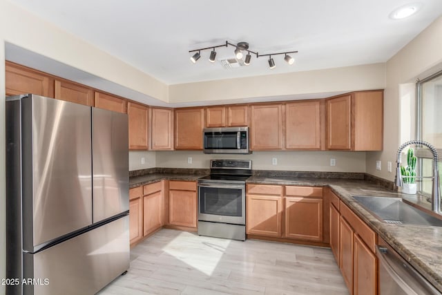 kitchen with sink, light hardwood / wood-style flooring, and stainless steel appliances