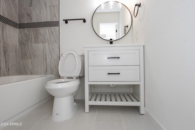 full bathroom featuring tile patterned flooring, vanity, tiled shower / bath combo, and toilet