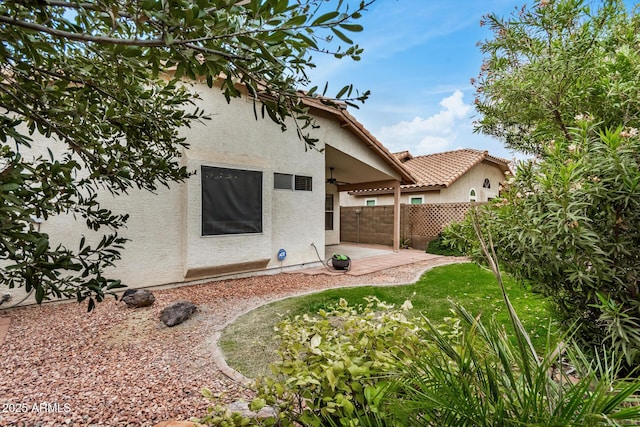 rear view of property with a patio area and ceiling fan