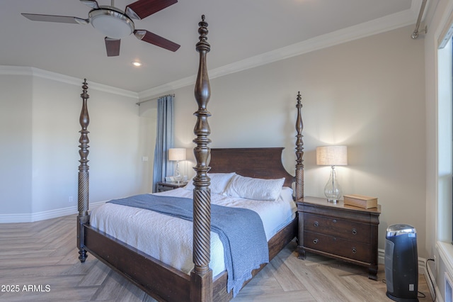 bedroom with ceiling fan, crown molding, and light parquet flooring