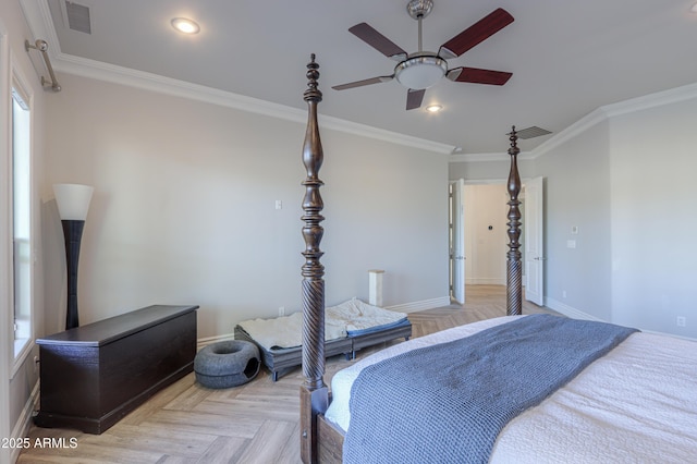 bedroom with light parquet flooring, ornamental molding, and ceiling fan