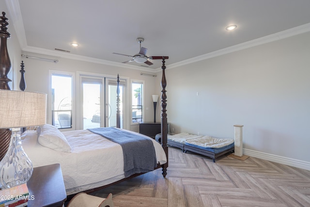 bedroom with light parquet flooring, ceiling fan, and ornamental molding