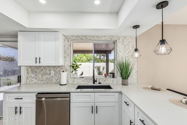 5526 N 77th Way, Scottsdale, AZ 85250 - kitchen featuring stainless steel dishwasher, a sink, backsplash, white cabinetry, and recessed lighting